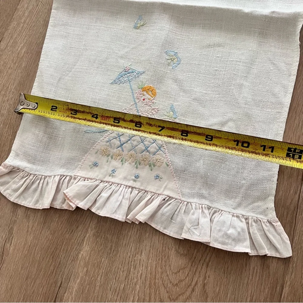 Cute Vintage 1950s Tea Towel Hand Stitched Dress Girl‎ With Umbrella 20” X 11.5”